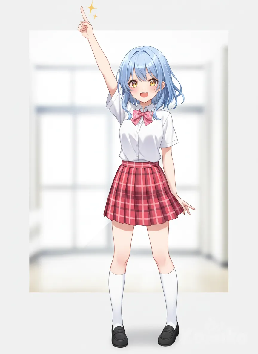 remove coat , white shirt , pink bowtie, pink skirt, red plaid, shirt, plaid skirt, pink skirt, pink bow, white shirt, socks, white socks, black footwear, short sleeves , full body , yellow eyes, V-shaped eyes, periwinkle blue hair , pointing up, anime style