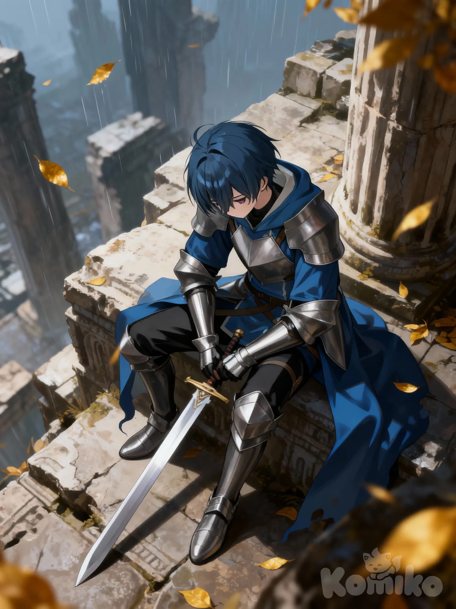 @kairo-msoC, sitting on the ground, holding sword, depressed, head tilt, from above, depth of , ruins, rainy, golden leaves falling