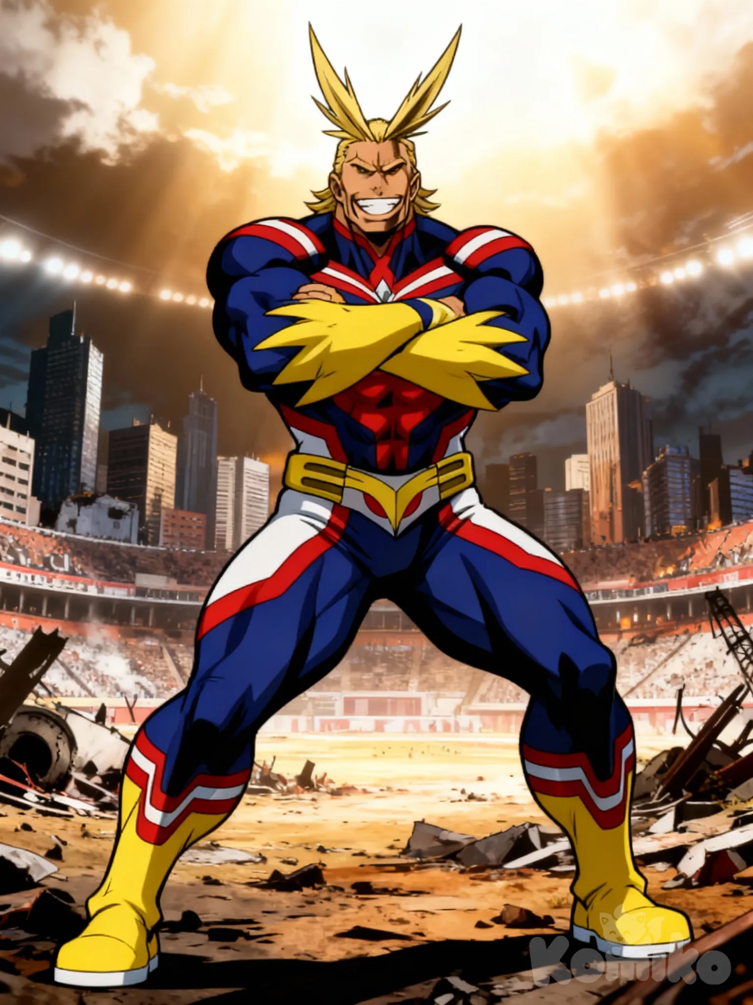 Character: All Might (Toshinori Yagi) from My Hero Academia in his muscular hero form.
Appearance: Extremely muscular physique, exaggerated heroic proportions, tall and imposing. Blonde hair with two long upward tufts, sharp jawline, bright blue eyes, wide confident smile.
Outfit: Classic hero suit — blue bodysuit with bold white and red patterns, golden belt and wrist guards, white gloves, red boots. Tight suit emphasizing heroic musculature.
Style: Anime-accurate to My Hero Academia. Clean lineart, bright saturated colors, bold shadows, dynamic highlights.
Body type: Massive, hyper-muscular, V-shaped torso, thick arms and legs.
Personality cues: Confident, inspirational, fearless, charismatic “Symbol of Peace” energy.
Pose (optional): Heroic stance with fist forward, “I Am Here!” pose, arms crossed, victory pose, or battle-ready stance.
Environment (optional): City skyline, destroyed battlefield, U.A. arena, dramatic lighting, heroic backlight.
Tags: anime, superhero, muscular male hero, dynamic pose, vibrant colors, strong silhouette, high-quality character model, full-body.