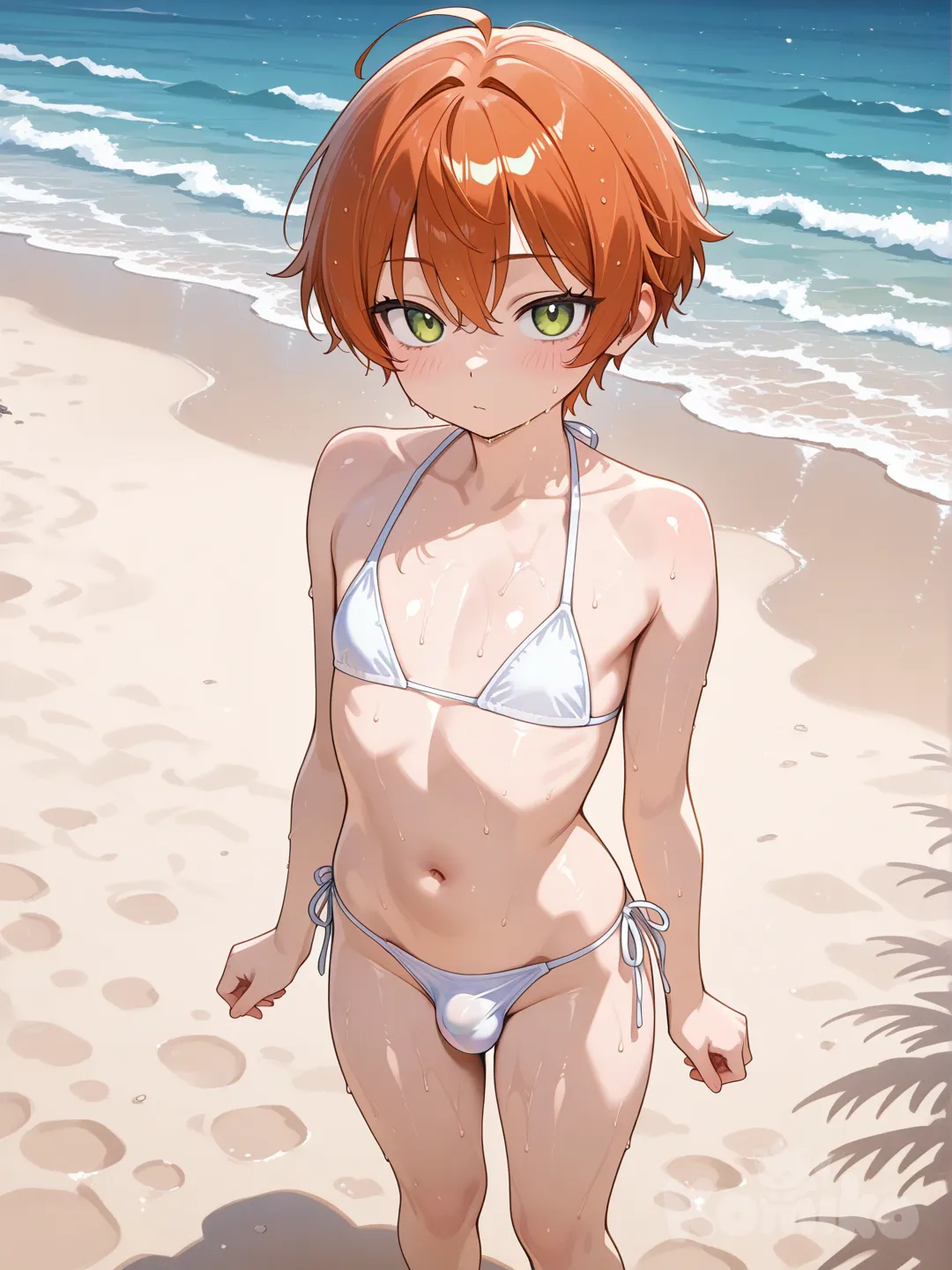 Femboy, short hair, white bikini, crotch bulge, flat chest, ginger, light green eyes, wet skin, on the beach