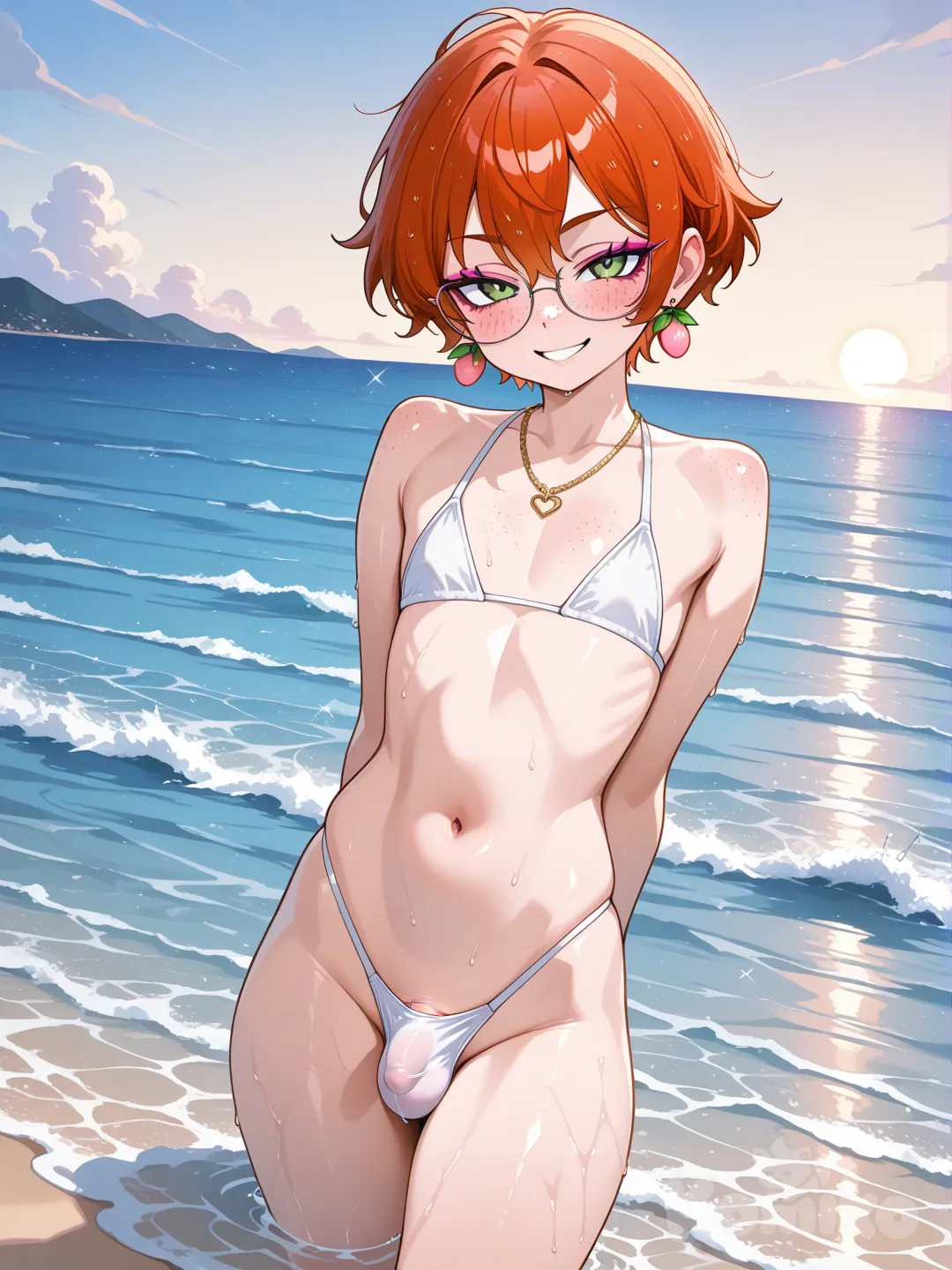 Femboy, short hair, white thong bikini, crotch bulge, flat chest, ginger, light green eyes, wet skin, on the beach, gold necklace, pink berry earrings, sexy pose, wet clothes, in water, curvy, glasses, pink eyeliner, freckles, sexy pose, sexy smile, blush