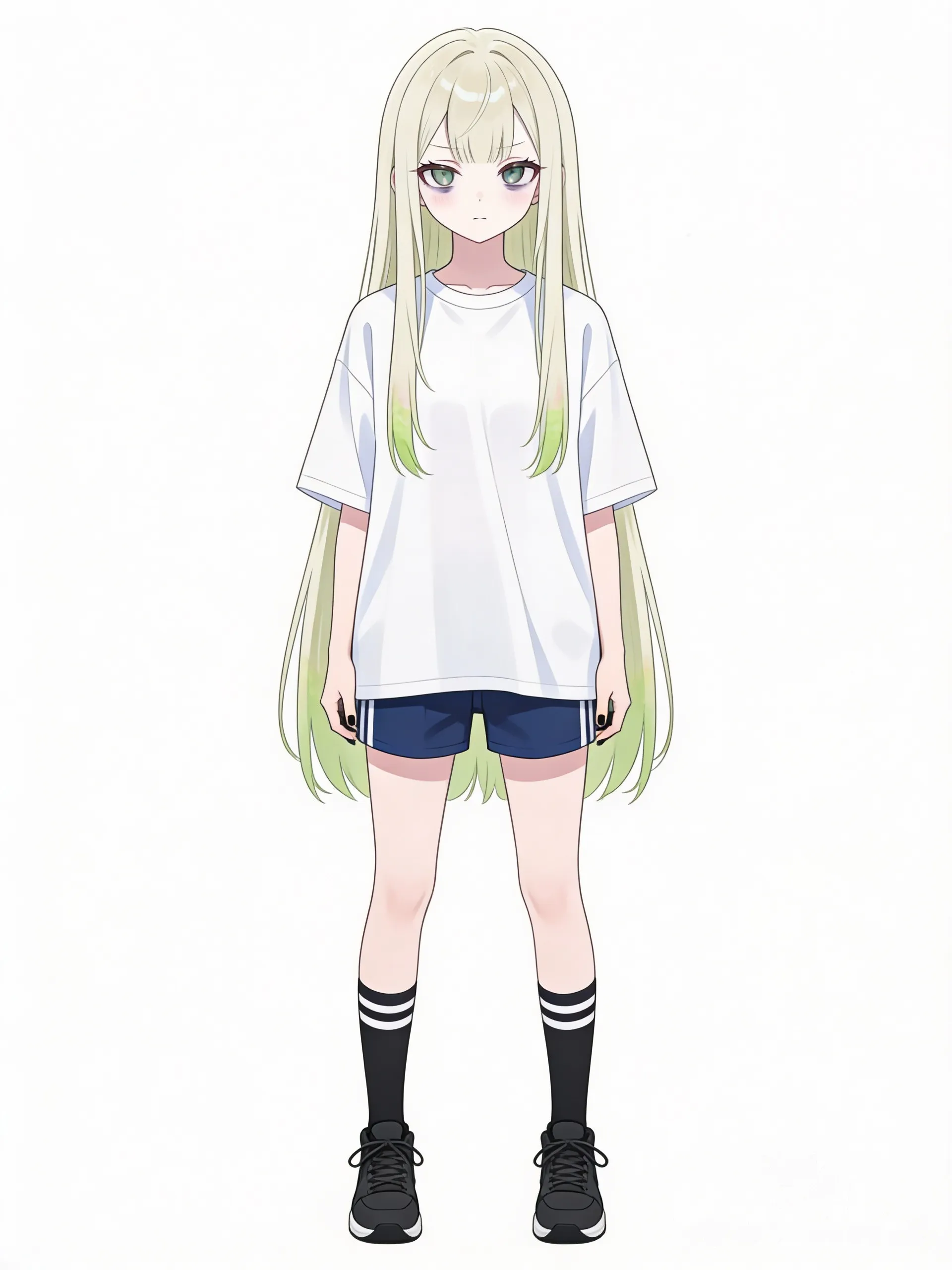 project sekai, девушка в полный рост на белом
фоне.
Фигура: худая, бледная кожа
спокойные серо-зелены глаза
Hairstyle:Длинные, прямые волосы с чёлкой
намного выше бровей.
Hair Color: светлый блонд с едва заметным
салатовым градиентом на концах
Прочие особенности внешности: лёгкие круги
под глазами от долгих ночных рисованийд
родинка на левой щеке, чёрные короткие
ногти, спокойное и немного уставшее
выражение лица
Casual Outfit: носит удобную домашнюю
одежду. белая оверсайз футболка, короткие
спортивные темно-синие шорты, полосатые
черно-белые чулки, чёрные кеды.
(Сгенерируй похожую девушку как я
отправила на референсе, но далее следуй
моему описанию), 1000024313