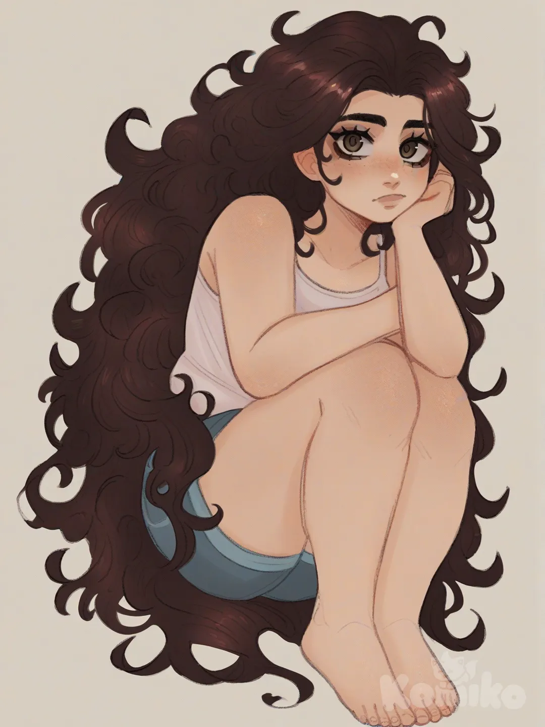 [soft-shaded-moe-style] 1girl, chubby, fair_skin, very_long_hair, curly_hair, brown_hair, brown_eyes, round_face, single character, full body, looking at viewer, anime style, simple background, white background