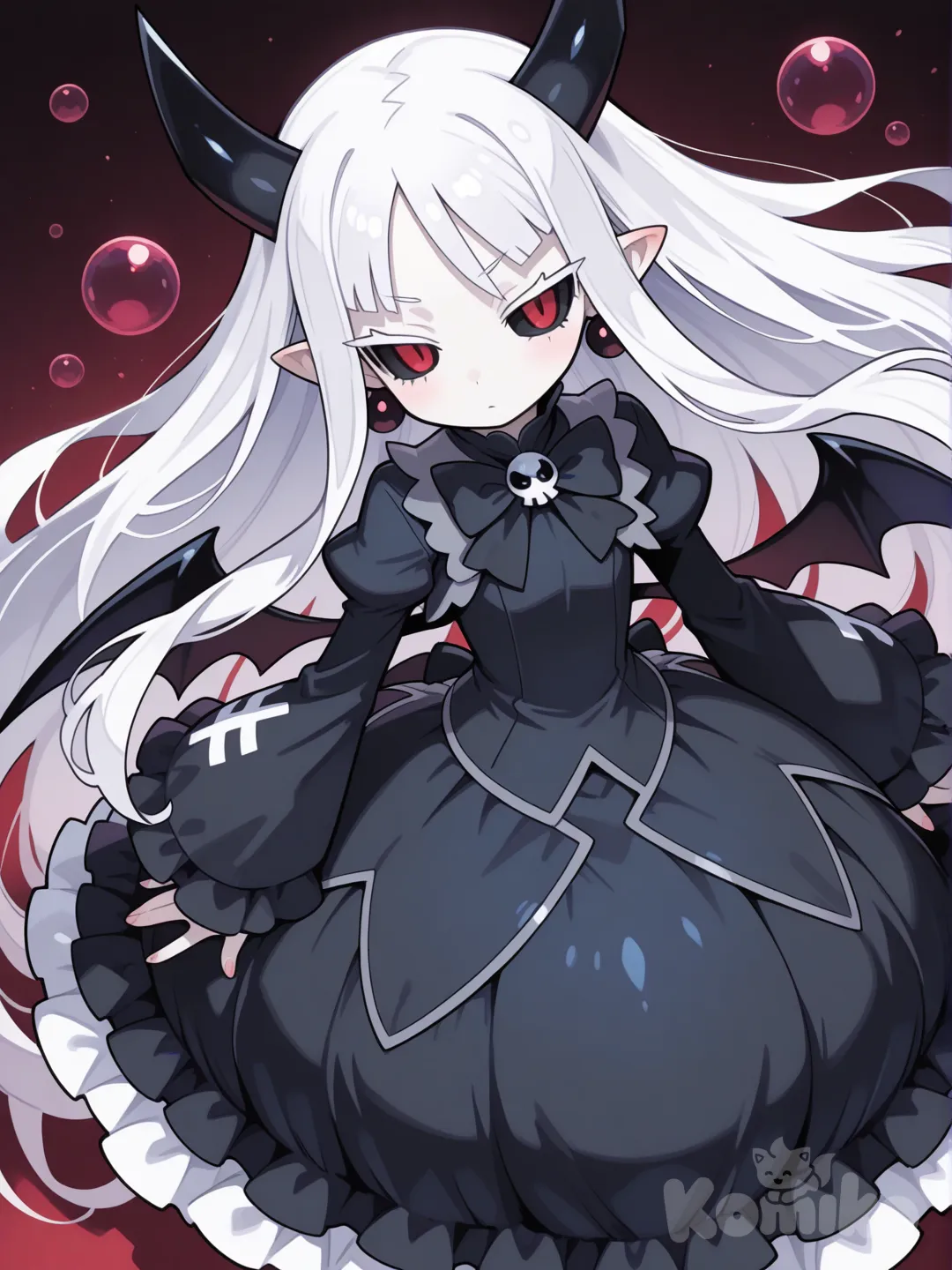 pram \(phantom kingdom\), phantom kingdom, 1girl, horns, pointy ears, red eyes, white hair, long hair, bubble skirt, bat wings, black sclera, albino