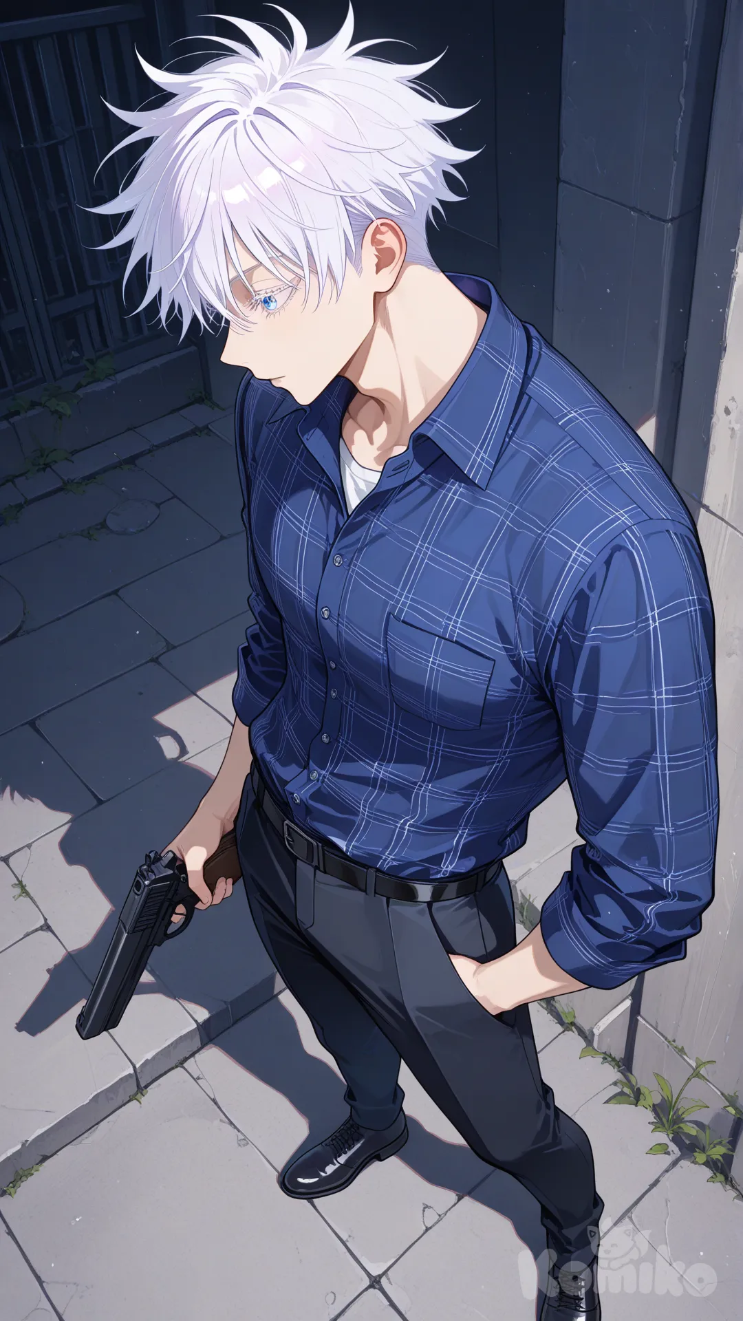 @Gojou_Satoru, holding gun, plaid shirt, side profile photo, full body, bird's-eye view
