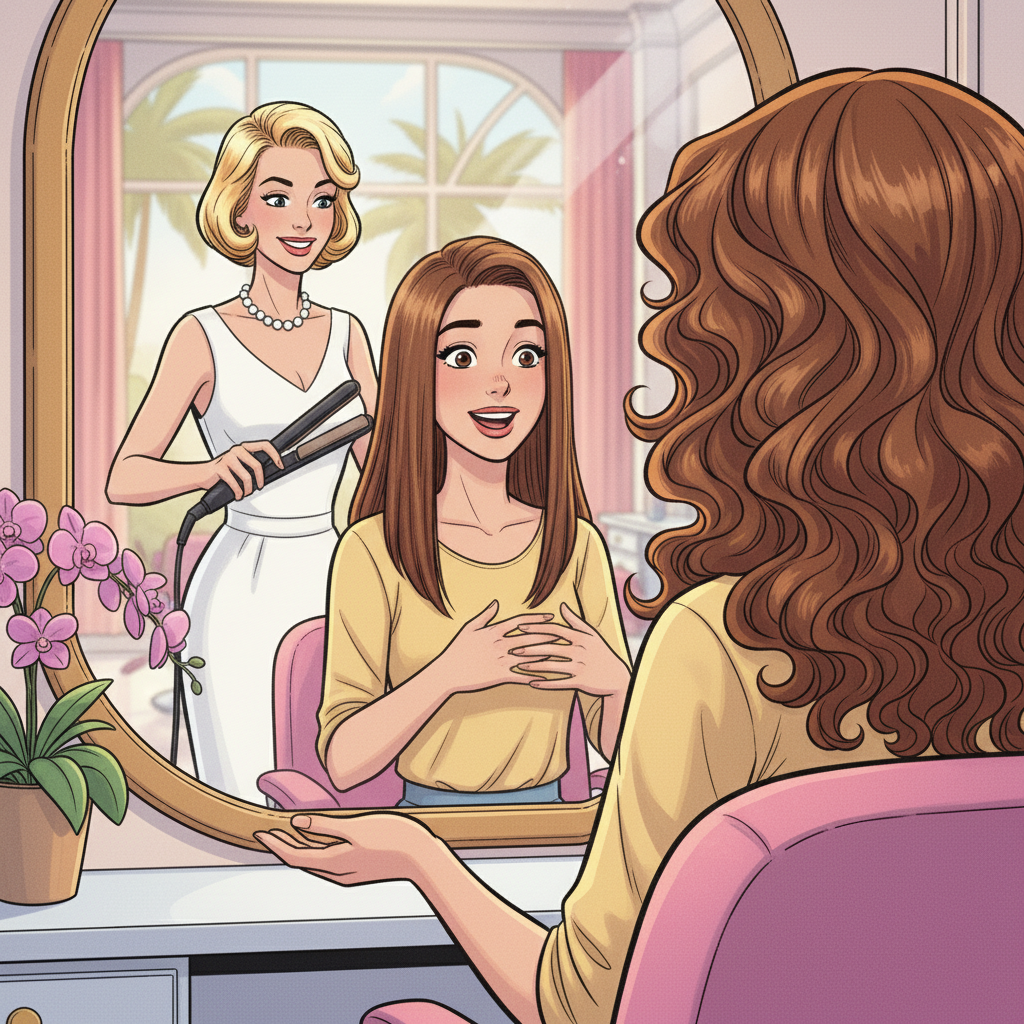 Beverly hills teens fifis salon fifi straightens Tara belle hair Tara wants her hair straightened Tara has natural curly hair Fifi is a french immigrant with a blonde bob fifi wears a white dress and pearls The bob is permed