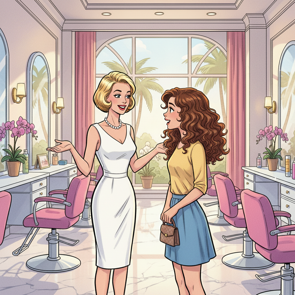 Beverly hills teens fifis salon fifi straightens Tara belle hair Tara wants her hair straightened Tara has natural curly hair Fifi is a french immigrant with a blonde bob fifi wears a white dress and pearls The bob is permed
