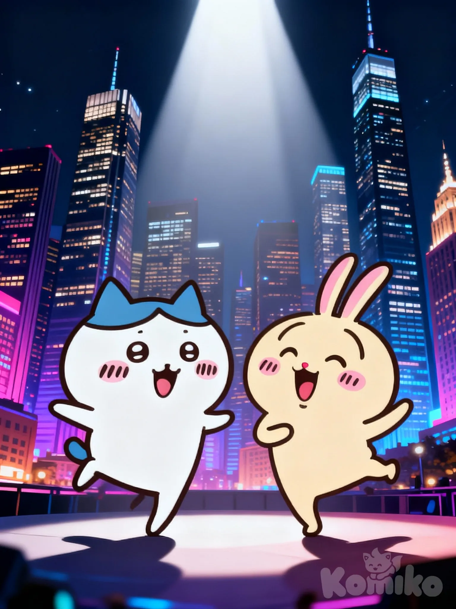 @Hachiware, @Usagi, singing, dancing, full body, looking at viewer, top light, night, skyscraper