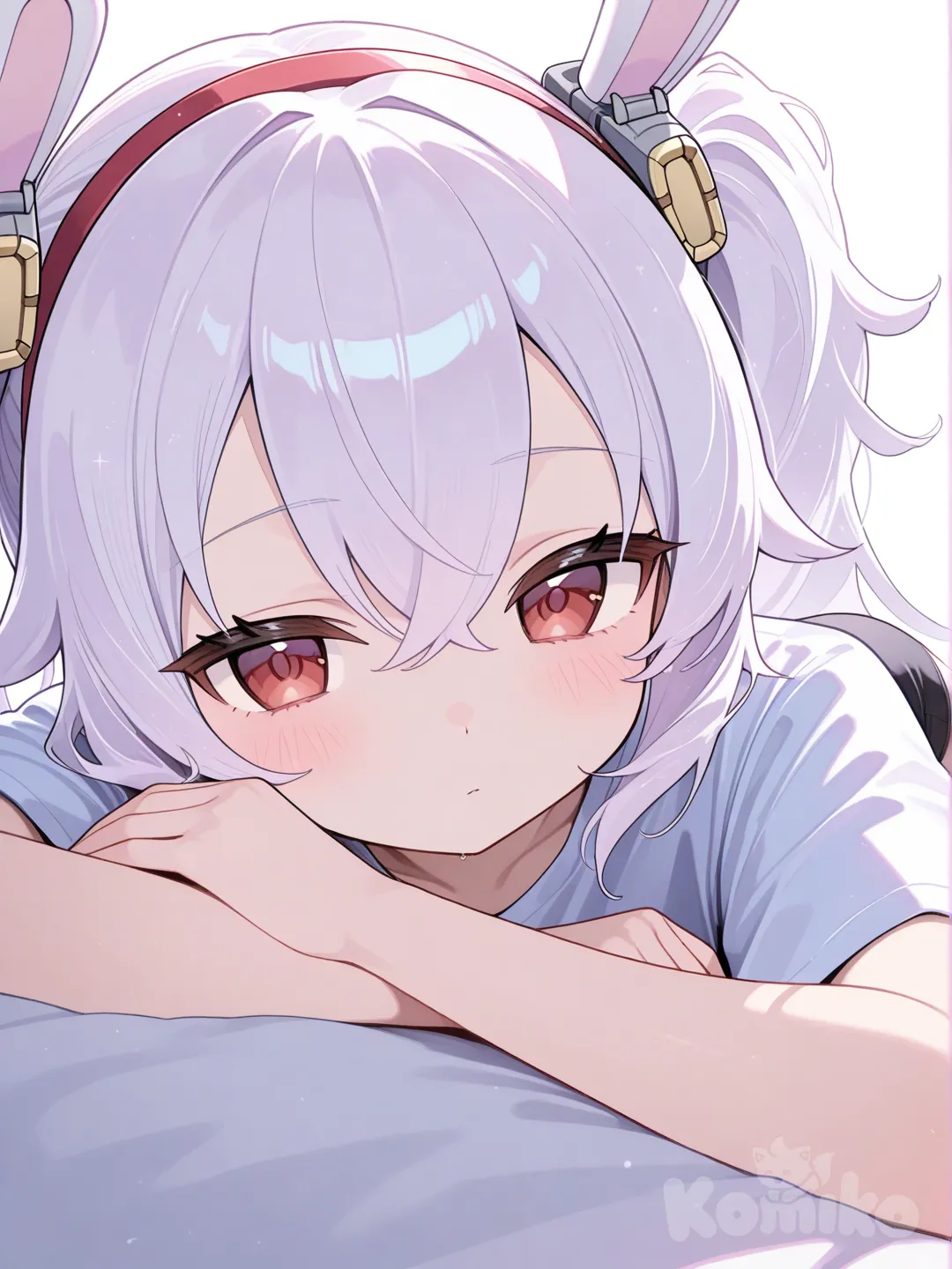 Laffey (Azur Lane), lie on stomache, t-shirt, punk , pencil skirt, closeup, ambient light, white background