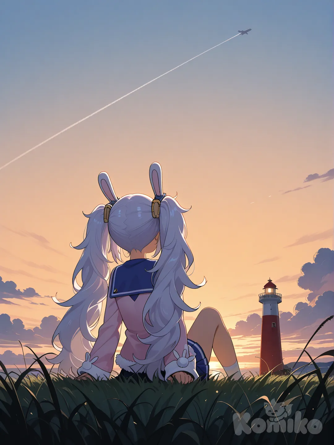 @Laffey_(Azur_Lane)
Смотрите на восход сидя на траве и облакачивается на обе руки немного наклонена назад, вид со спины в сторону заката , добавь маяк в далее и пролетающий след самолёта и немного измени угол обзора со спины