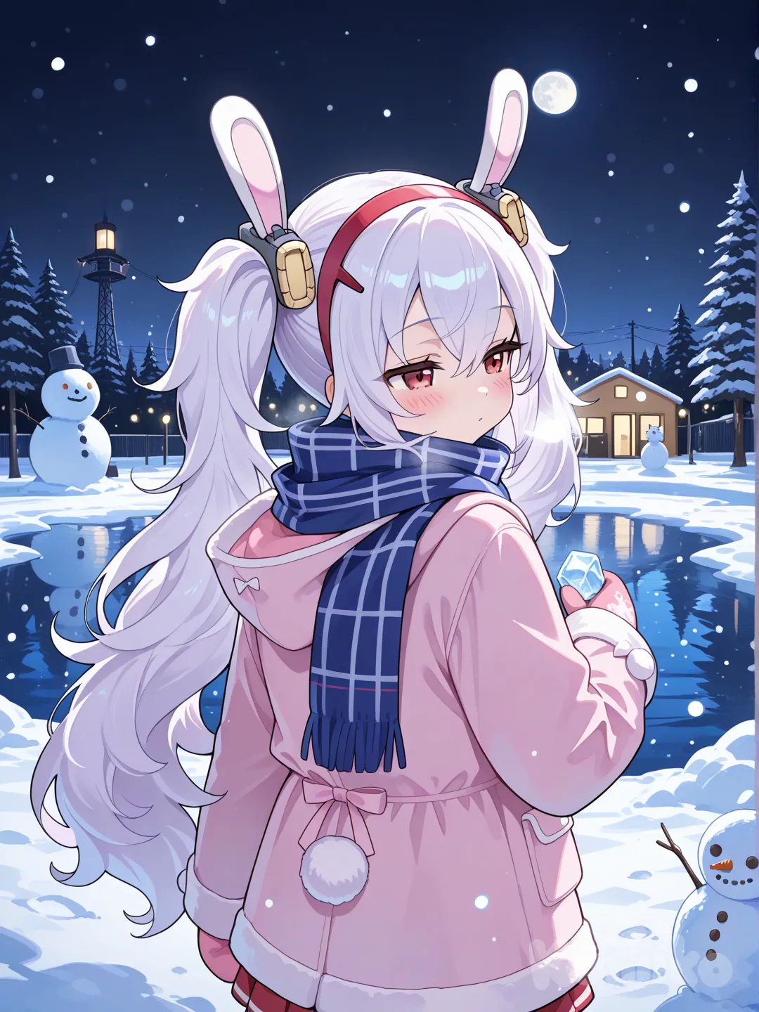 @Laffey_(Azur_Lane) 
лепит снеговика в ночном парке который освещается фонарями и не полной луной на фоне сосны,а на улице темно и идёт снег 
Лицо Румянцев от холода, выдыхает пар одета тепло, на заднем плане виднеется замершее озеро а позади него сотовая вышка еле виднеется в дали . Отдали персонажа и чтобы не смотрела в квмеру