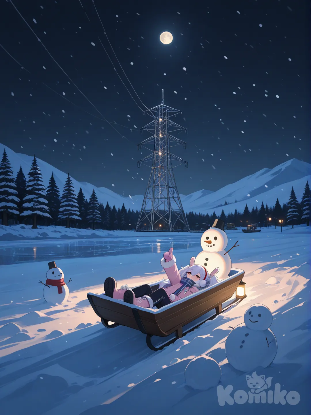 @Laffey_(Azur_Lane)
лепит снеговика в ночном парке который освещается фонарями и не полной луной на фоне сосны,а на улице темно и идёт снег
Лицо Румянцев от холода, выдыхает пар одета тепло, на заднем плане виднеется замершее озеро а позади него сотовая вышка еле виднеется в дали . Отдали персонажа и чтобы смотрела на небо делая снежных ангелов лёжа на снегу съезжает на санках с холма и указывает рукой направление указательным пальцем
