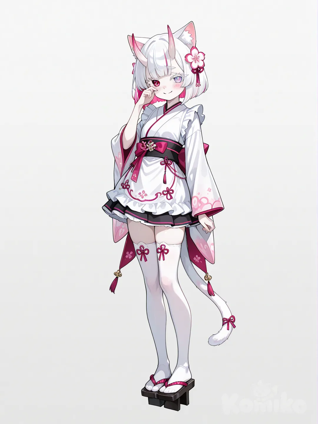 kind short twelve-year-old girl with short white haor, white eye lashes, white eyes brows, pale red eyes, pale skin, a school uniform, solo, 1girl, cute girl, full body, curvy, pale_skin, rainbow eyes, multicolored eyes, baby face, rainbow hair, pink_colored_inner_hair, short hair, bob cut, white outfit, japanese pattern, soft lighting, maid, cat_tail, smile, cat_ears, bangs covering one eye, hair_flower, none, school_uniform, thighhighs, geta, girl, bookworm, intellectual, skinny, small breasts, shy, oni horns, heterochromia, high resolution, [glossy-anime-style]