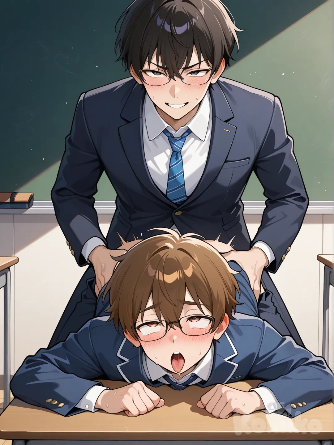 18+, Draw a student and a teacher having gay sex in a comic book and anime style.