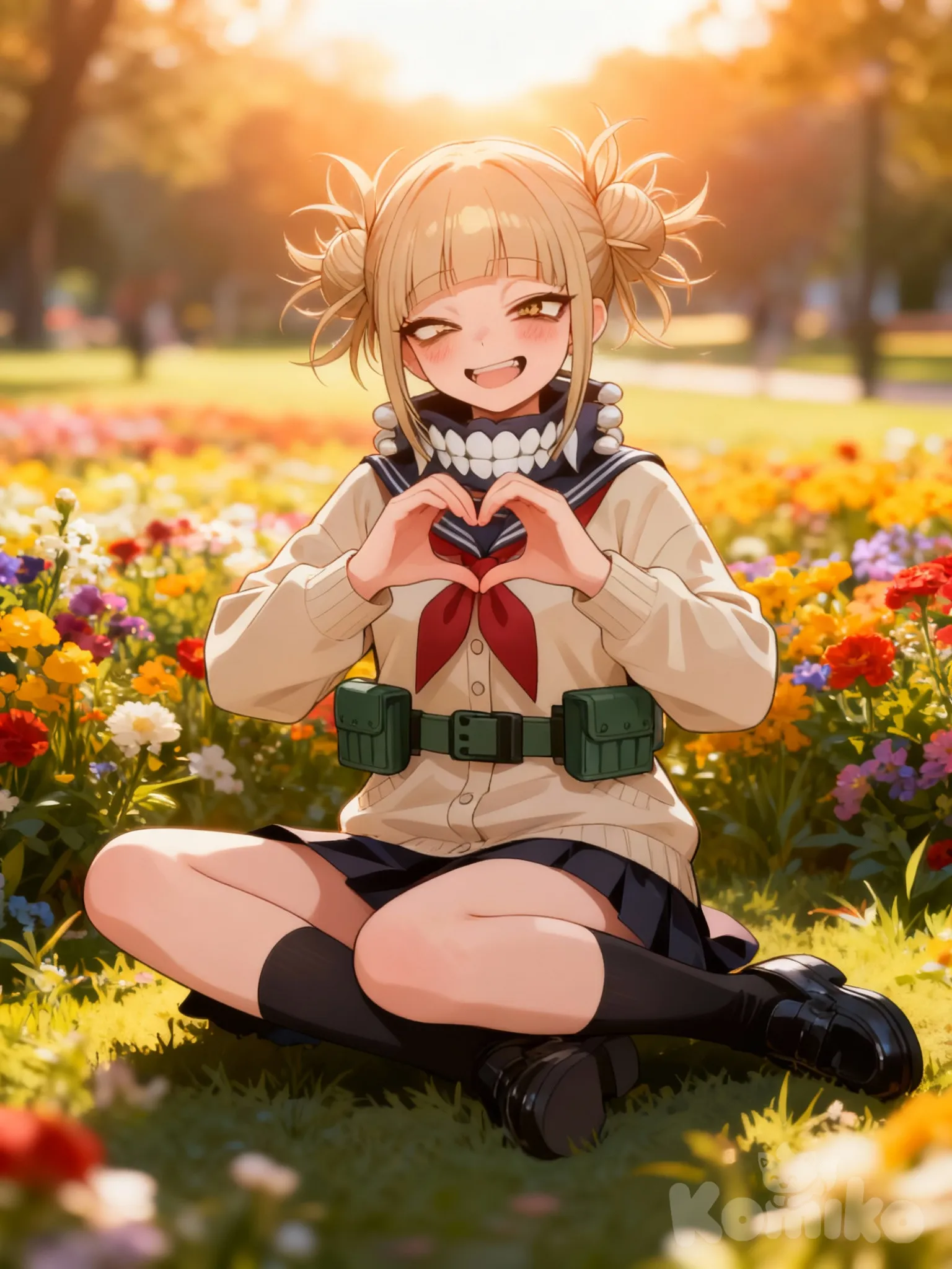 @Toga_Himiko, sitting on the ground, heart hands, blurred background, full body, backlight, park, flower field