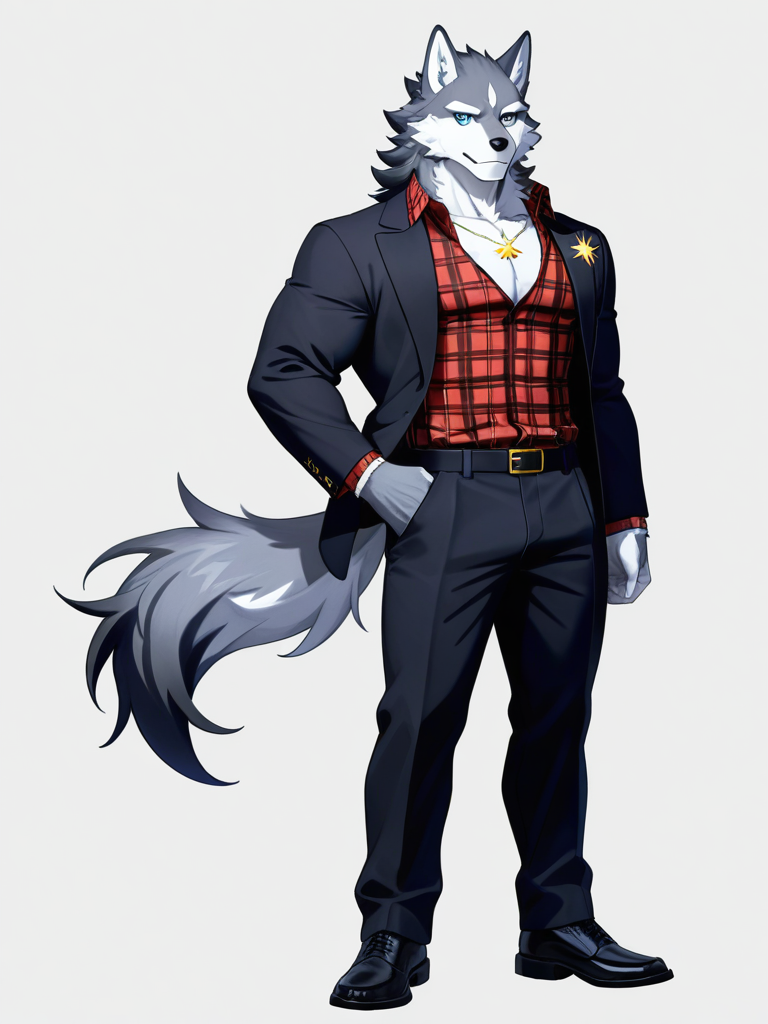 1boy, anthro, wolf, gray_fur, blue_eyes, muscular_male, black_marks_on_cheekbones, golden_four_pointed_star_necklace, white_plaid_shirt, formal_gray_pants, blue_scratch_patterns_on_fur, golden_four_pointed_star_ear_clip_left_ear, single character, full body, looking at viewer, anime style, simple background, white background