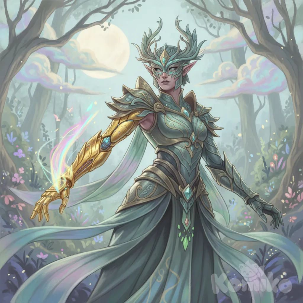 very aesthetic, holographic colors, cute, gradient colors, very aesthetic, dynamic viewpoint, dynamic angle, vibrant colors, elf, elven god, druid wearing elven themed armor, pauldrons highly , high res, mask , closed mouth, pauldrons, covered eyes, dramatic lighting, <golden cyber arm, golden cybernetic arm:1.4>, asymmetry, asymmetrical arms, elves, elf, royal

Prompt Negativo: lowres, (bad quality,worst quality:1.2), bad anatomy,blurry,watermark,simple background,transparent background, sketch,jpeg artifacts,ugly, poorly drawn,(censor), [soft-pastel-style]