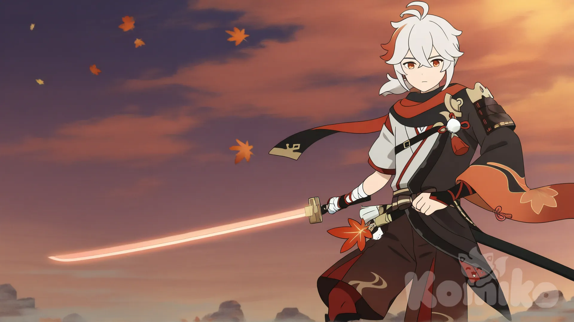 @Kaedehara_Kazuha with his sword , [flat-anime-style]