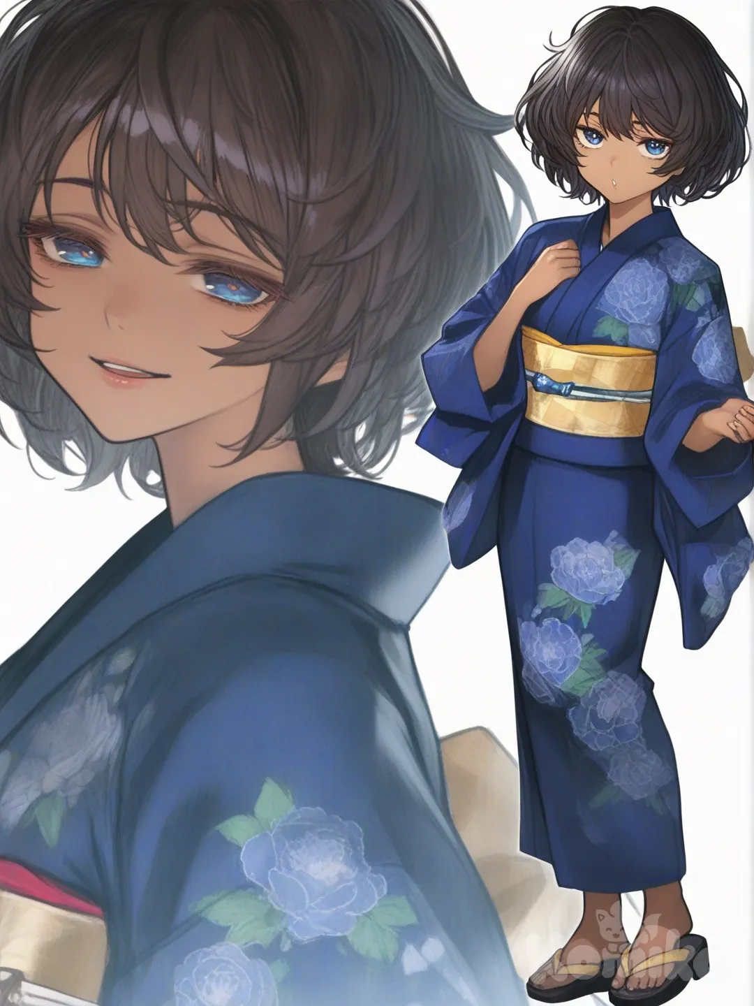 [semi-realistic-portrait-style] 1girl, short_hair, blue_eyes, kimono, blue_kimono, idol, dark-skinned_female, single character, full body, looking at viewer, anime style, simple background, white background