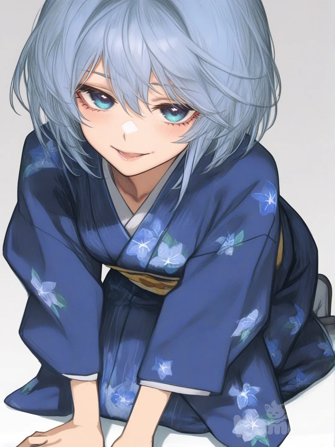 [semi-realistic-portrait-style] 1girl, short_hair, blue_eyes, blue_kimono, idol, single character, full body, looking at viewer, anime style, simple background, white background