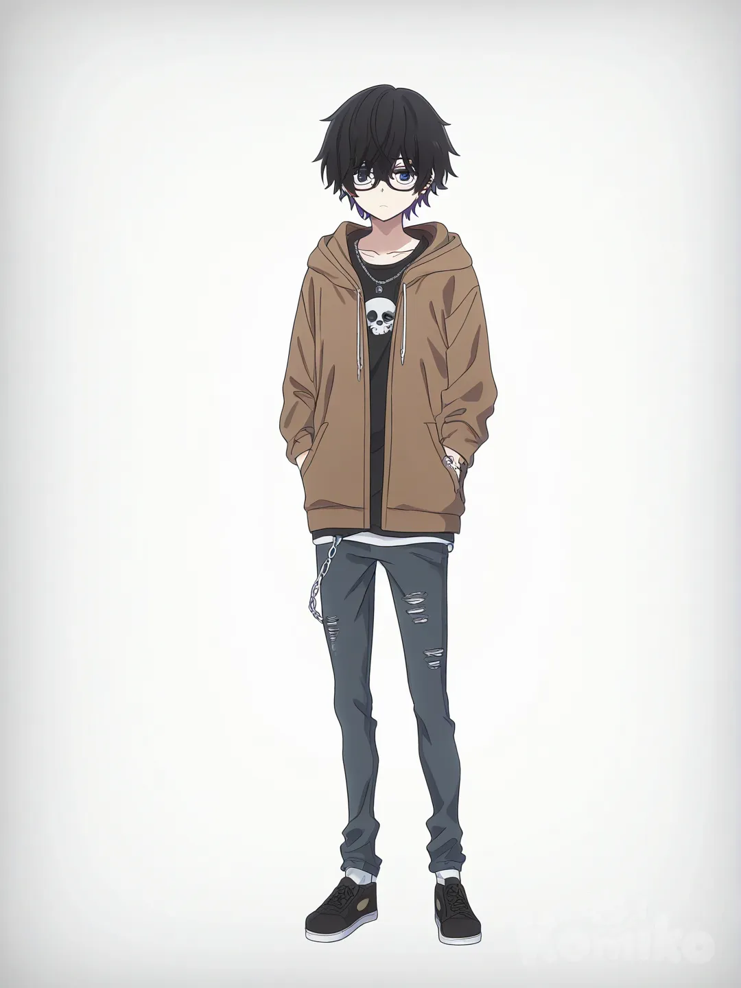 [bright-anime-style] 1boy, glasses, emo, goth, cute, brown jacket, teenager, single character, full body, looking at viewer, anime style, simple background, white background