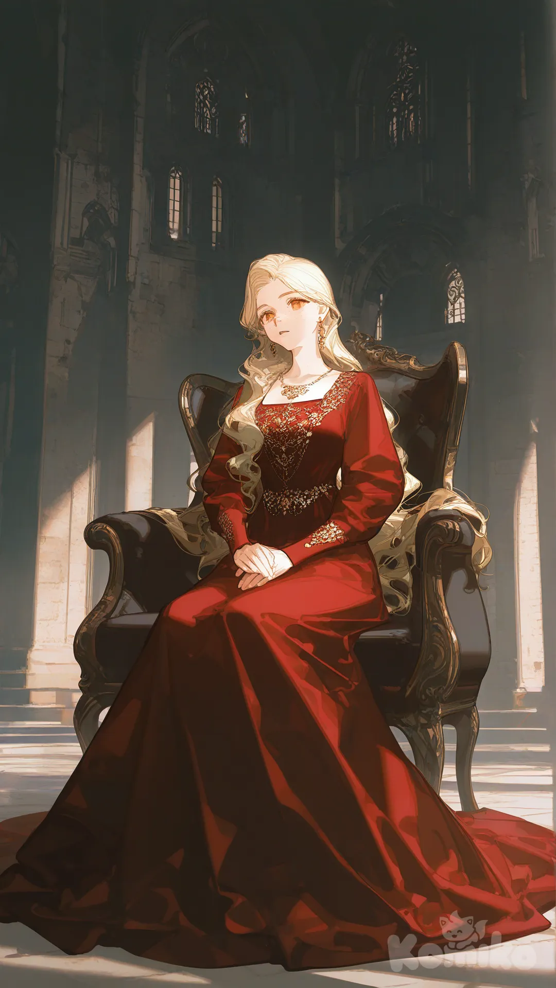 Девушка. Светлые волосы. Волнистые волосы. Сложная прическа. Веснушки. Янтарные глаза. Украшения. Роскошное платье. Бордовое платье. , earrings, necklace, jewelry, сидит на кресле, backlight, в полный рост, castle, [dazzling-illustration-style]