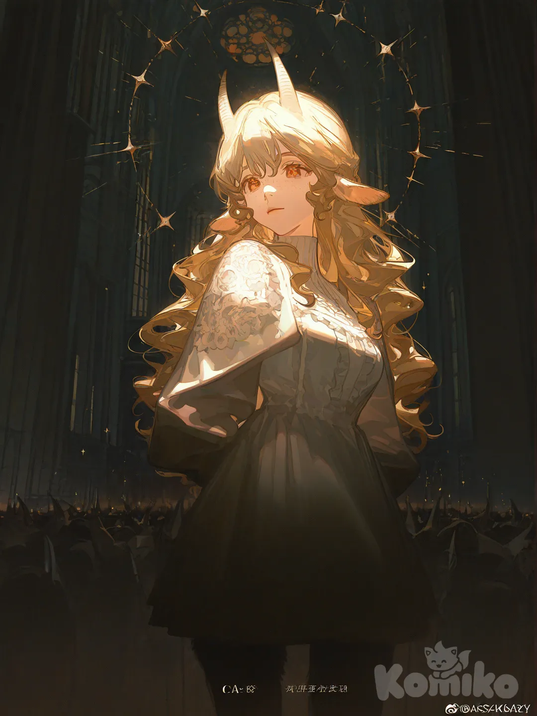 Девушка. Светлые волосы. Волнистые волосы. Кудрявые волосы. Янтарные глаза. Закрытые глаза. Веснушки. Ажурная повязка на глазах. Платье из кружев. Ноги сатира. Маленькие рога на голове., portrait, ambient light, backlight, sparkle, night, church, [dazzling-illustration-style]