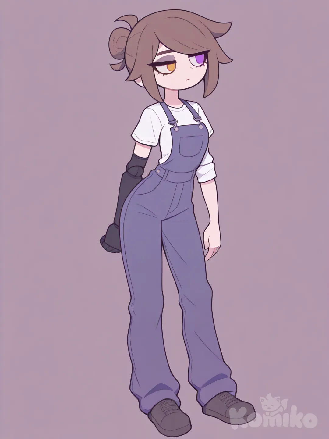 Девушка. Высокая. Светлая кожа. Фиолетовый глаз правый. Янтарный глаз правый. Коричневые волосы. Волосы убраны в низкий пучок. Левая рука - протез черного цвета. Комбинезон механика., full body, [pop-toon-style]