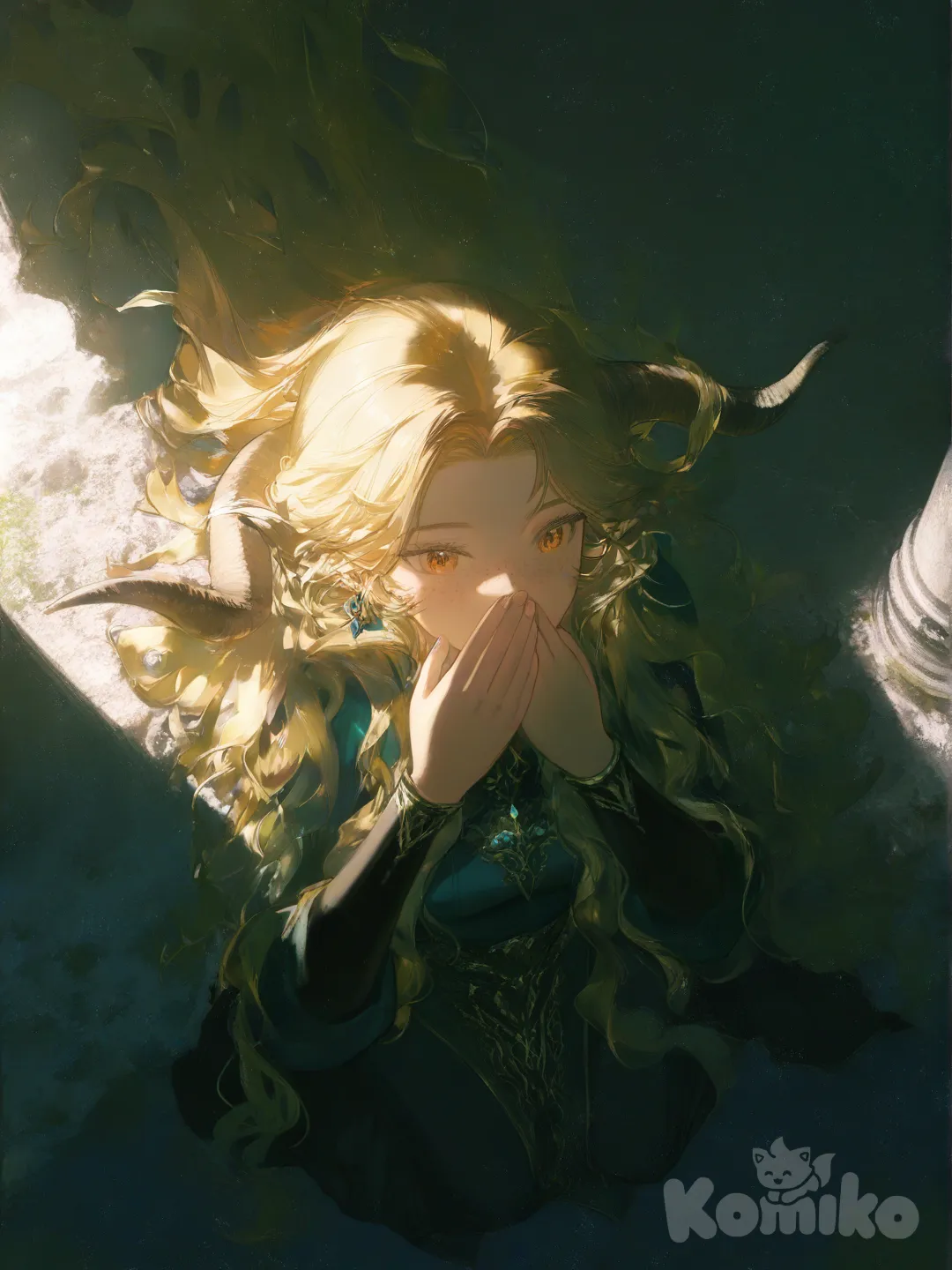 Девушка. Среднего роста. Светлая кожа. Веснушки. Янтарные глаза. Светлые волосы. Волнистые волосы. Рога барана на голове. Длинные волосы. Руками закрывает лицо. Одежда авантюриста, earrings, top light, ruins, bird's-eye view, [moody-glow-style]