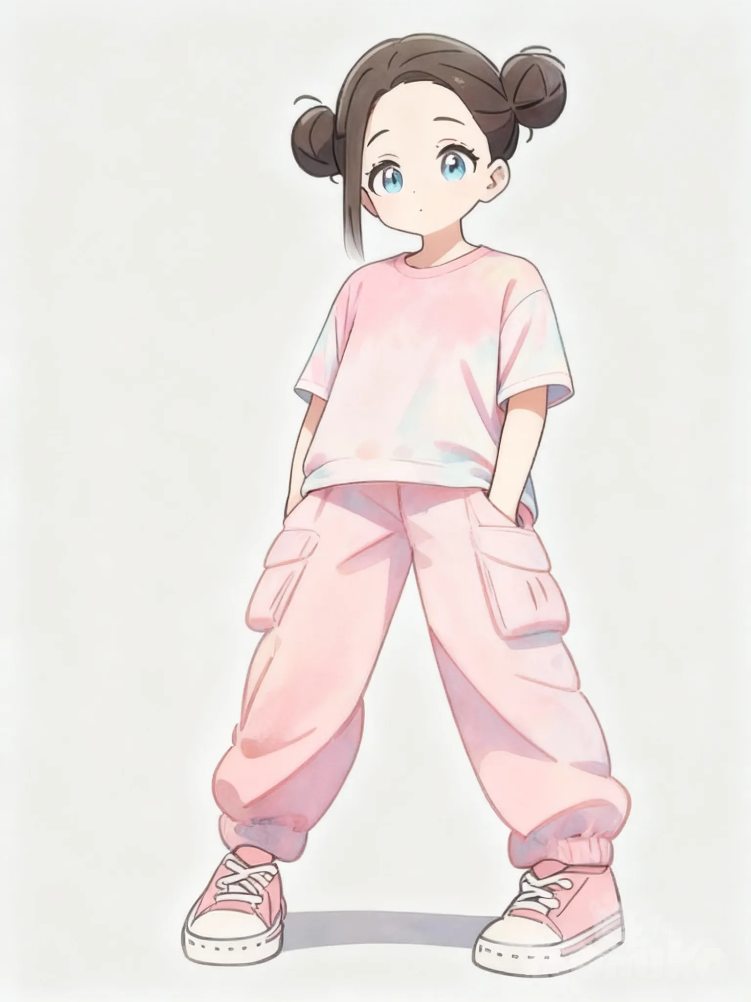 @nezzie-yh30, [soft-pastel-style], hands in pockets, faded soft pastel pink t-shirt,wearing baby soft pastel pink cargo pants with pink canvas shoes