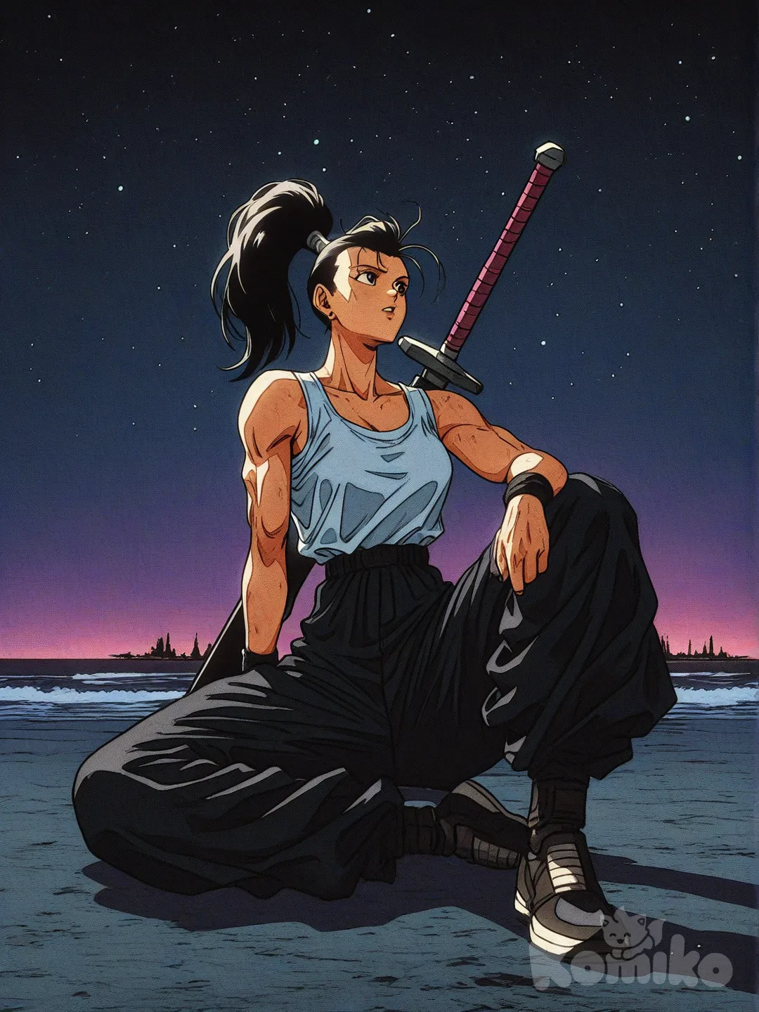 1boy, sitting on the ground, holding sword, high ponytail, mohawk, looking away, night, starry sky, ocean, wide pants, white tank top, charcoal black, [action-manga-style], dragon ball z