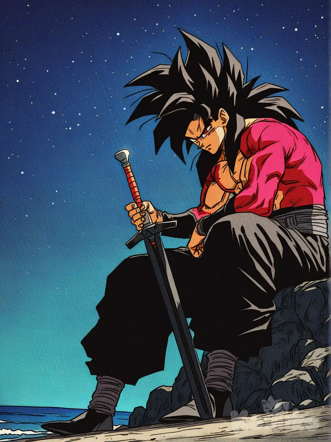 1boy, sitting on the ground, holding sword, high ponytail, wild hair, looking away, night, starry sky, ocean, wide pants, charcoal black, [action-manga-style], dragon ball z, male, super saiyan 4