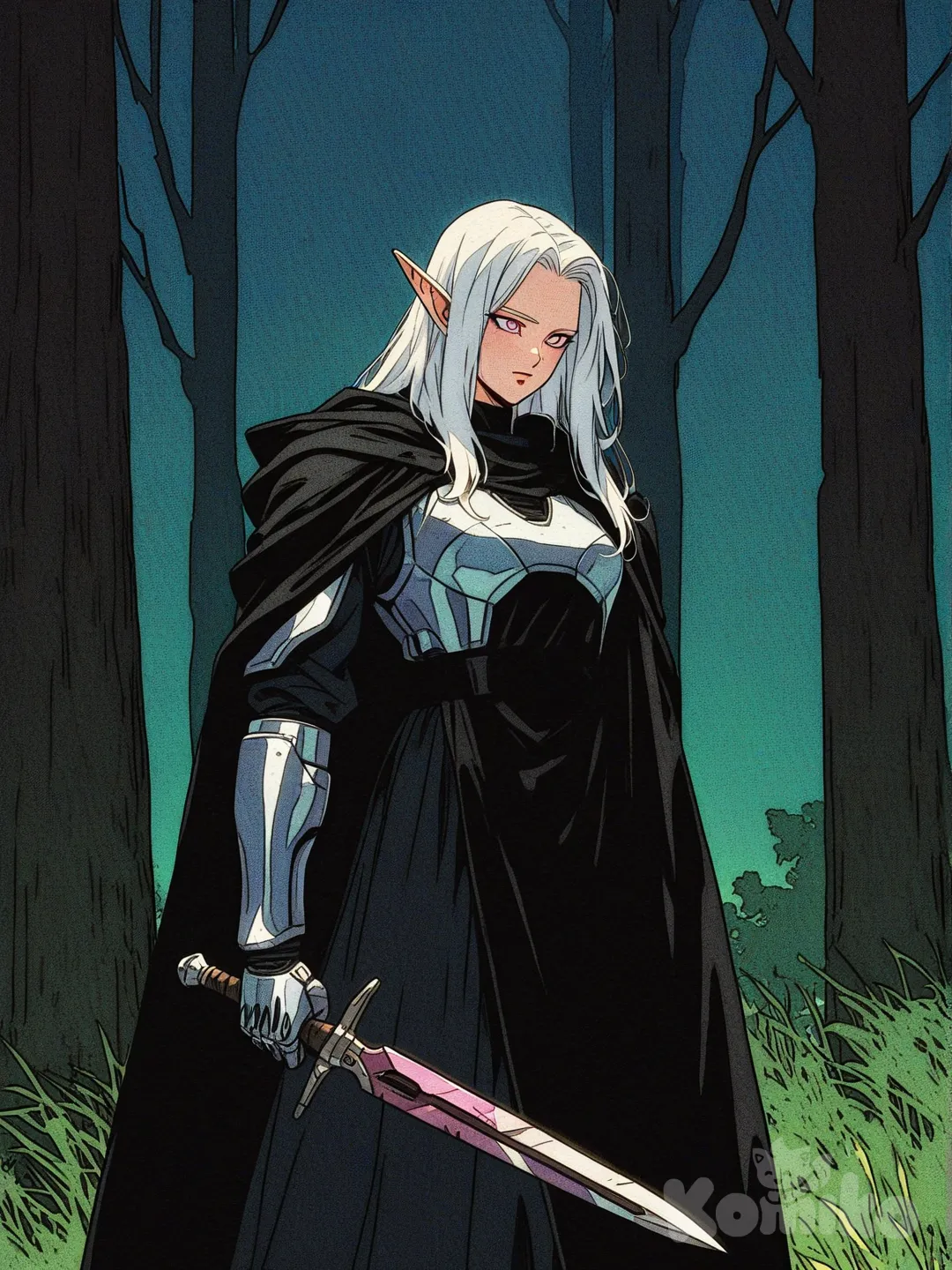 1girl, [action-manga-style], holding dagger, expressionless, long white hair, Light armor, black hooded cape, female elf, dragon ball style, ambient light, forest, grassland, grey skin