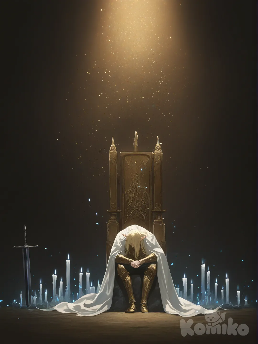 1boy, [bright-anime-style], sitting in a trhone, dark room, male elf in heavy armor, golden armor whit white cloack, long blonde hair, head down eyes closed, magic emanating fron him, a stone throne with blue candles on top, a magic sword in his right hand, resting on the ground.