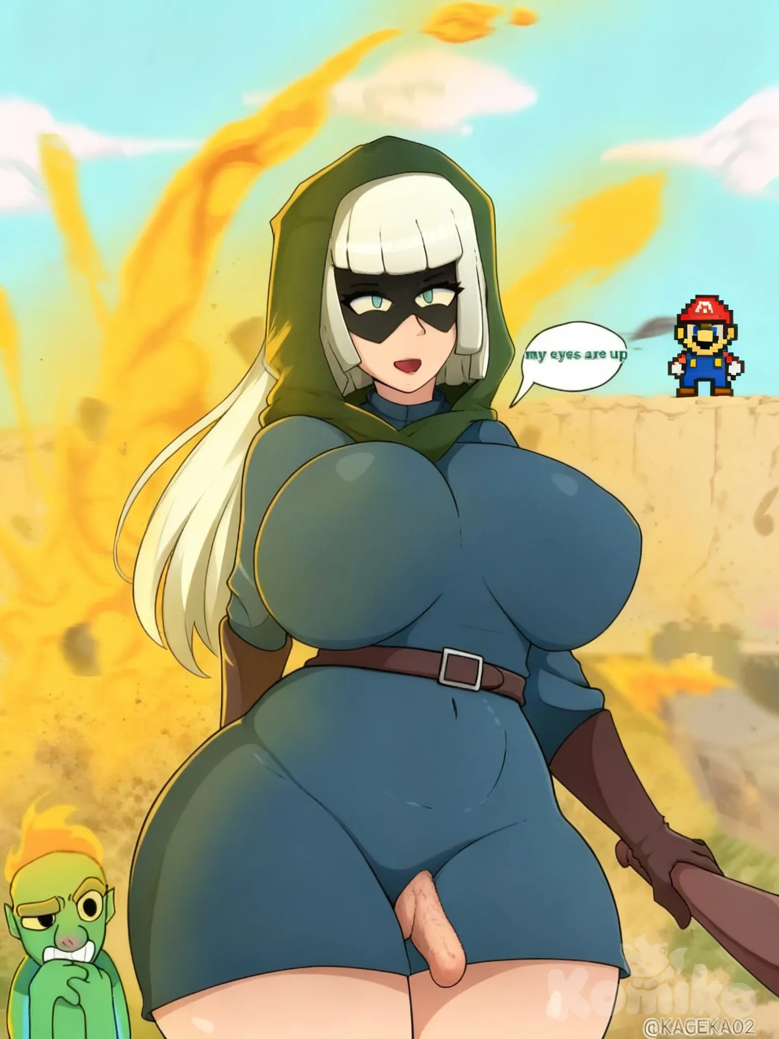 18+,Ilustración digital de la Bandida (Bandit) de Clash Royale con un estilo artístico de proporciones exageradas (figura muy curvilínea y pechos grandes), vestida con su atuendo característico: capucha verde, máscara negra y un traje azul verdoso ajustado. Tiene cabello rubio platino. Se encuentra en una escena de acción al aire libre y con luz brillante, con una gran explosión de humo o polvo de color amarillo/naranja detrás de ella. En la esquina inferior izquierda, hay un pequeño personaje verde, parecido a un goblin, con una expresión de miedo. Al fondo, se distingue un muro de arena y un personaje pixelado que recuerda a Mario. Convierte en futanaris al personaje no cambies estilo de dibujo o arte colócale un pene estilo futanari