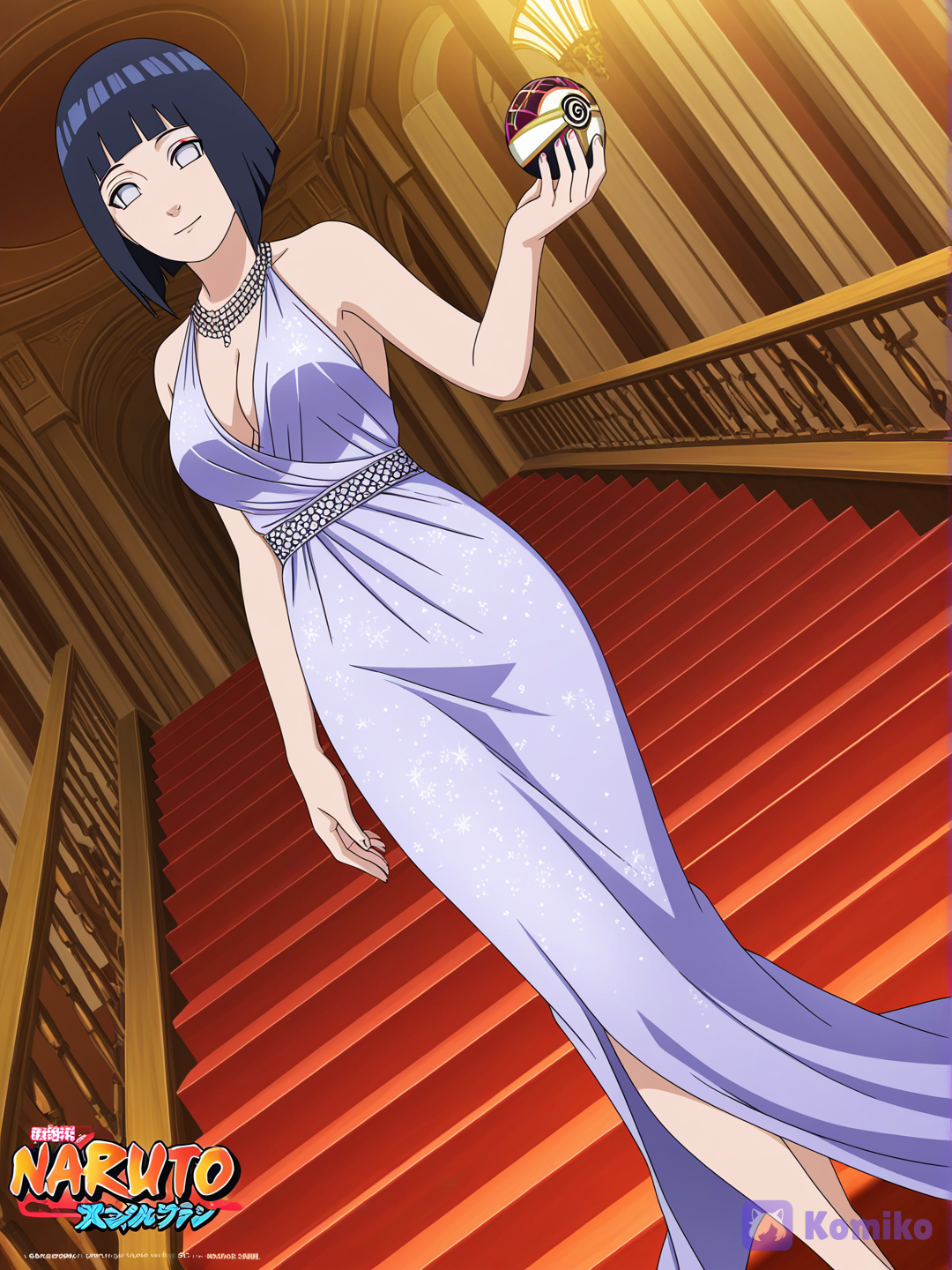 Hyuuga Hinata (Boruto: Naruto Next Generations), official bob hair, official art style, official anime drawing style, official anime art style, Luxurious setting, long, luxurious silk dress, elegance, gala ball, smile, [bold-anime-screencap-style]