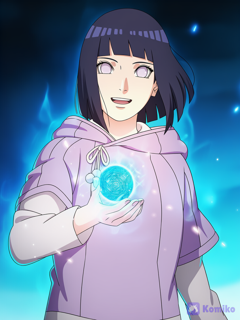 (Boruto: Naruto Next Generations), 1girl, adult, solo, Hyuuga Hinata, official bob hair, official anime art, Making a Rasengan in his hand, awakening a hidden power, smiling with a surprised expression, effects of awakened energy, [bold-anime-screencap-style], IMG_20260717_120712_935