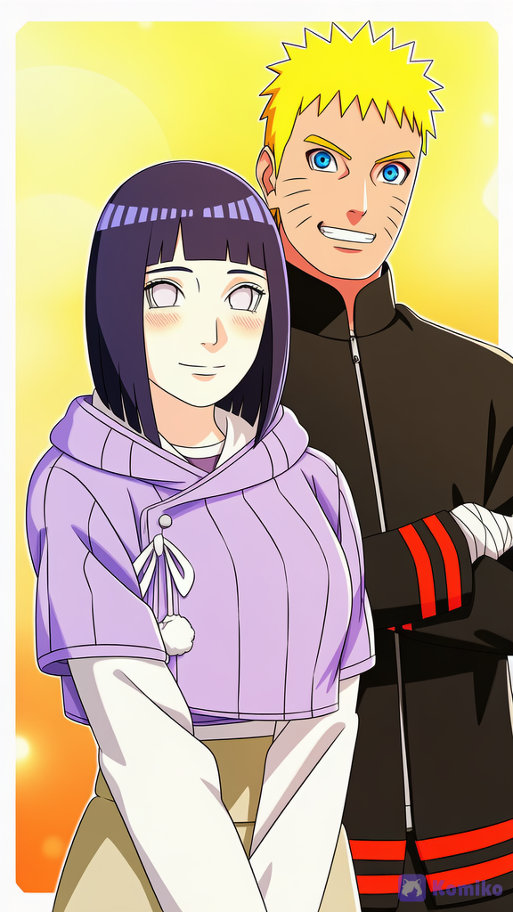 @hinata-hyuuga-sytw, @naruto-ervj, (Boruto: Naruto Next Generations), 1girl and 1boy, Uzumaki Naruto is carrying Hyuuga Hinata on his shoulders with her legs wrapped around his head, giving her a piggyback ride, in the park. Uzumaki Naruto is smiling with his eyes closed, Hyuuga Hinata is smiling and blushing, looking at the spectator, official anime art, [bold-anime-screencap-style]