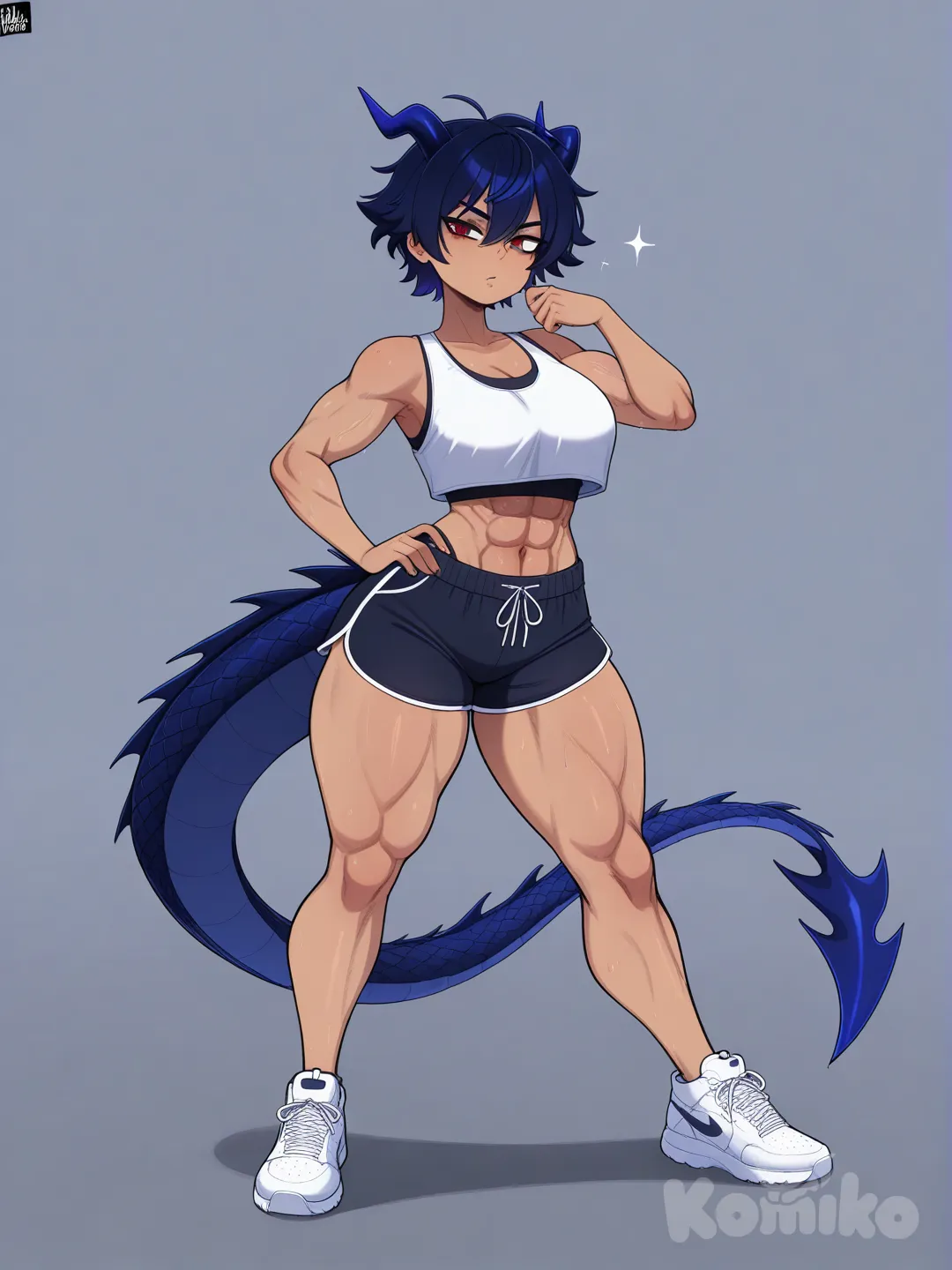 blackwhiplash a tomboy dragon girl red eyes and dark blue hair and dark blue horns and tail thicc thighs and abs a little bit more clothing