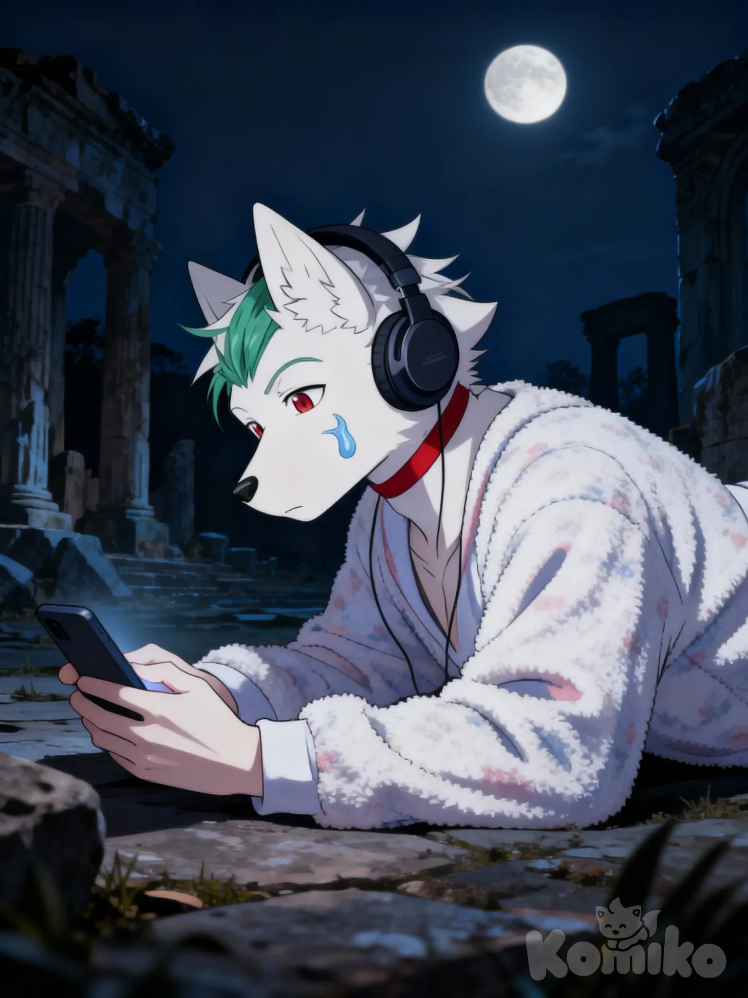 @kayunu-jSiN, lie on stomache, looking at phone, expressionless, pajamas, headphones, side profile photo, night, ruins, depressed