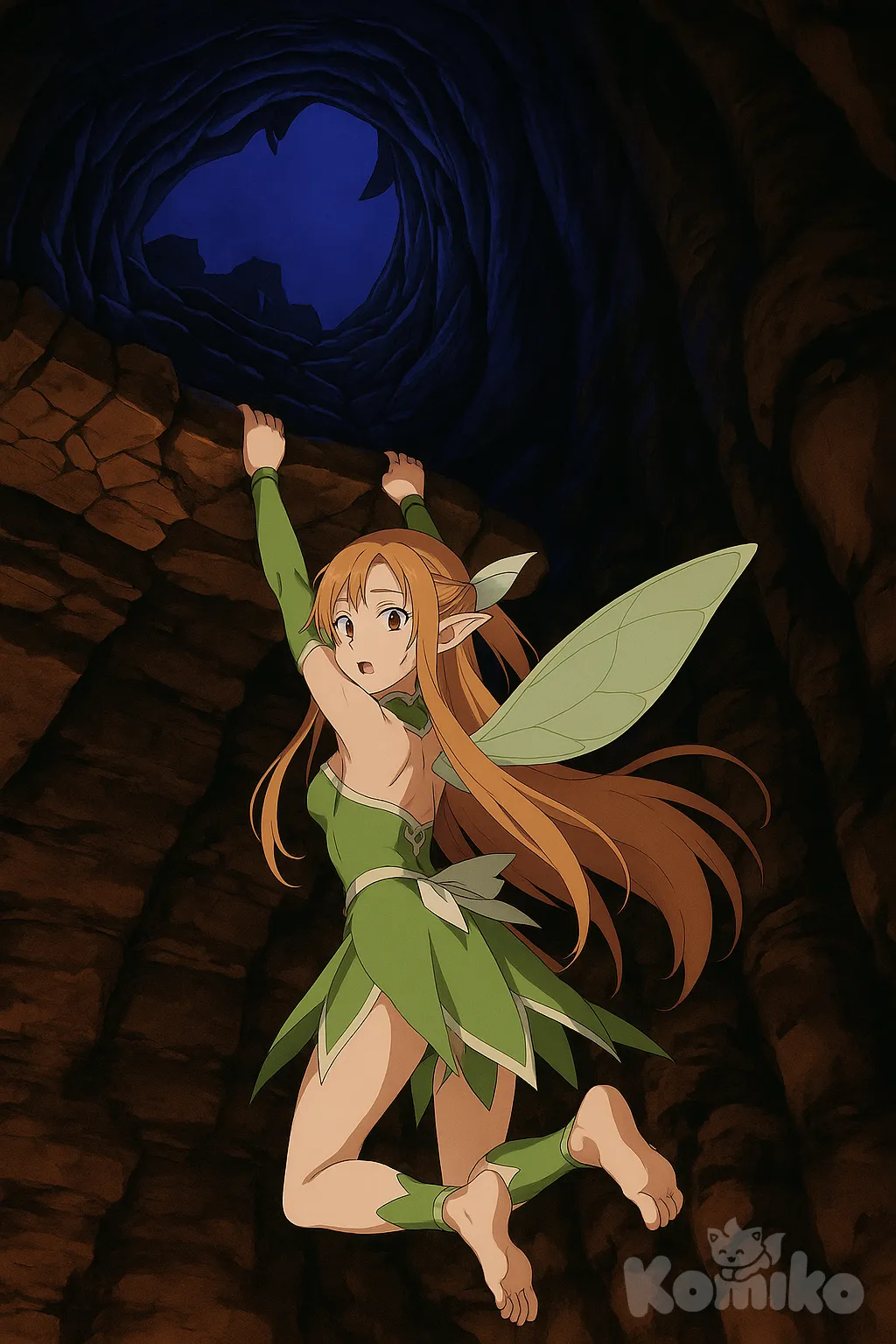 asuna (sao), Titania barefoot fairy outfit hanging on rock wall staircase cliff ledge and her legs feet fall dangling