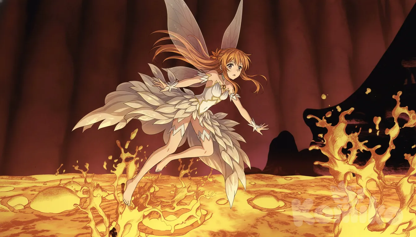 asuna (sao), Titania barefoot fairy dress falls from the slide and about to fall to the lava from cave of wonders, 1girl, anime style
