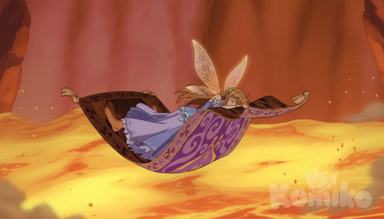 1girl Asuna Titania fairy barefoot dress lands on magic carpet safety and unconscious they were closer to the lava anime clean style dramatic, anime style