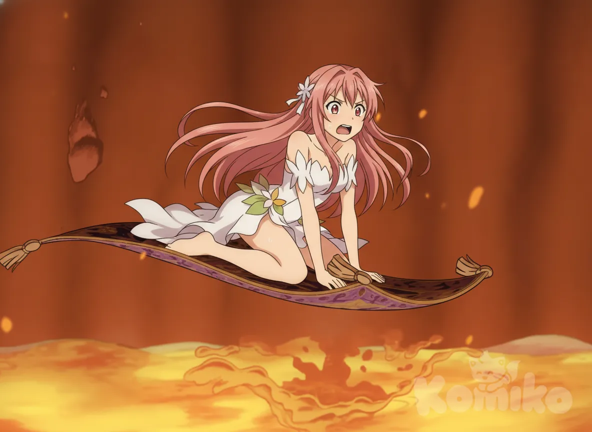 asuna (sao), Titania barefoot fairy dance dress woke up seeing shock she flying magic carpet while they were closer to the lava , anime style