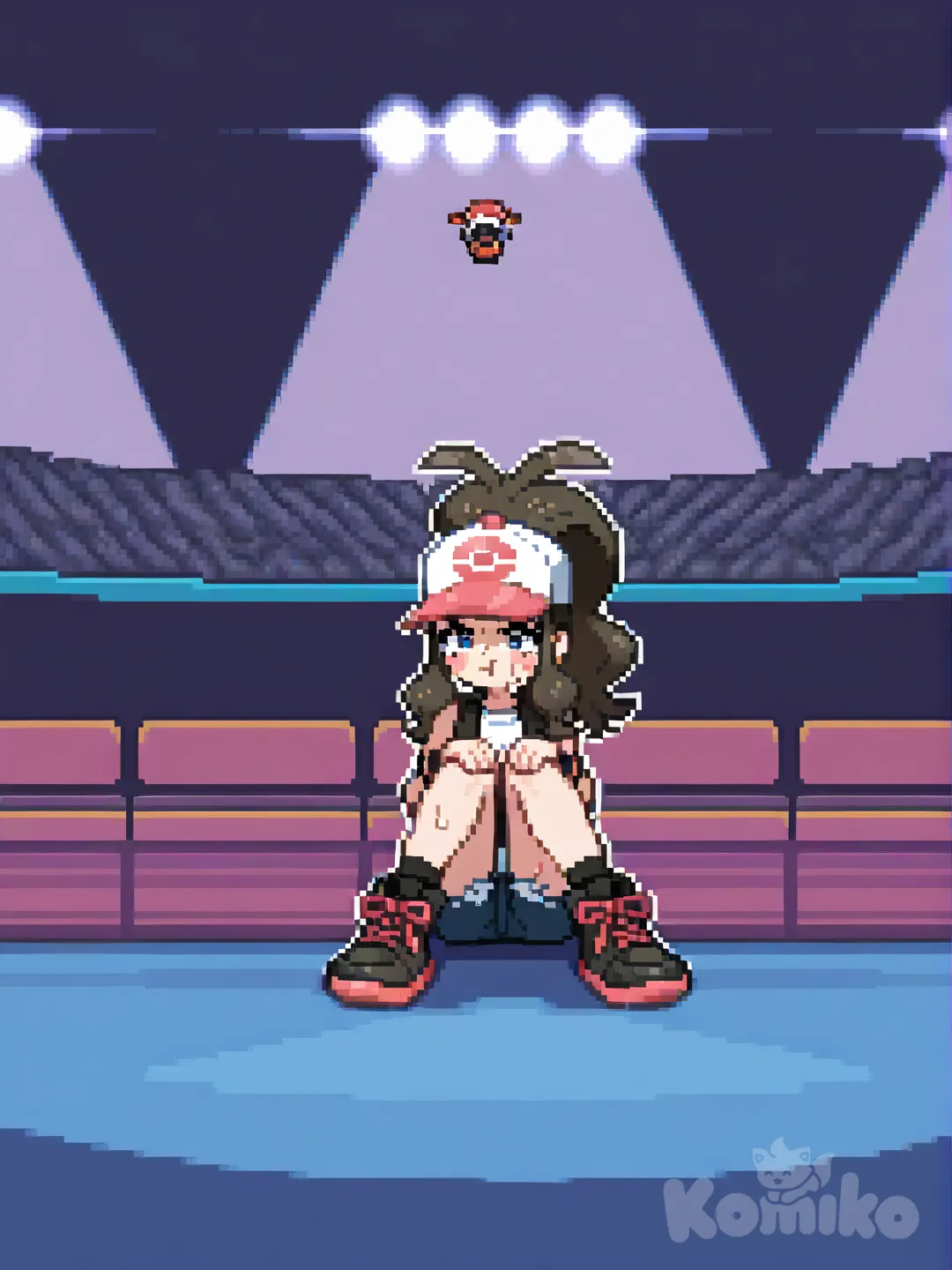 @Hilda_(Pokemon) a perdu un duel Pokemon contre un dresseur, [soft-pixel-art-style]