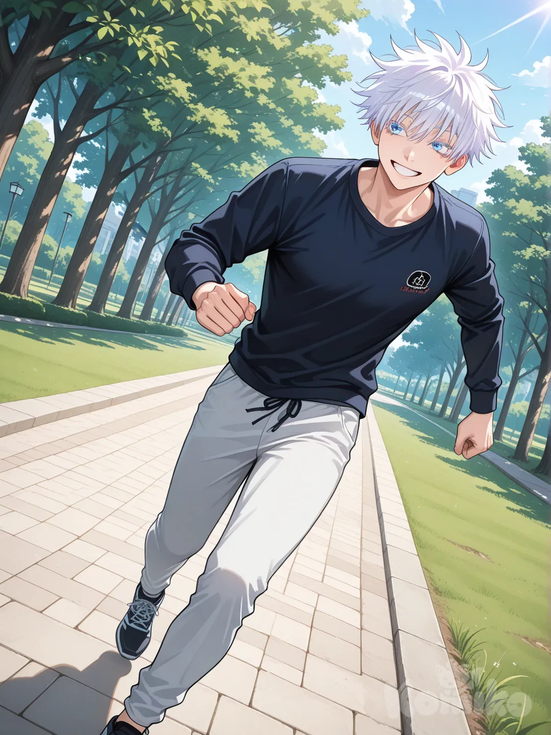 @Gojou_Satoru, 1boy, running, park