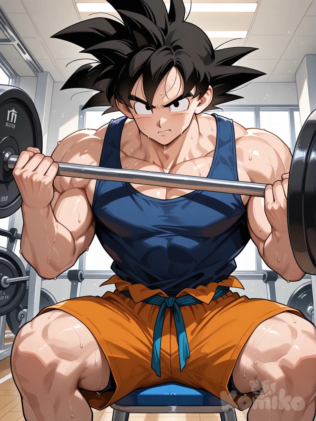 1boy, son goku, gym, muscular