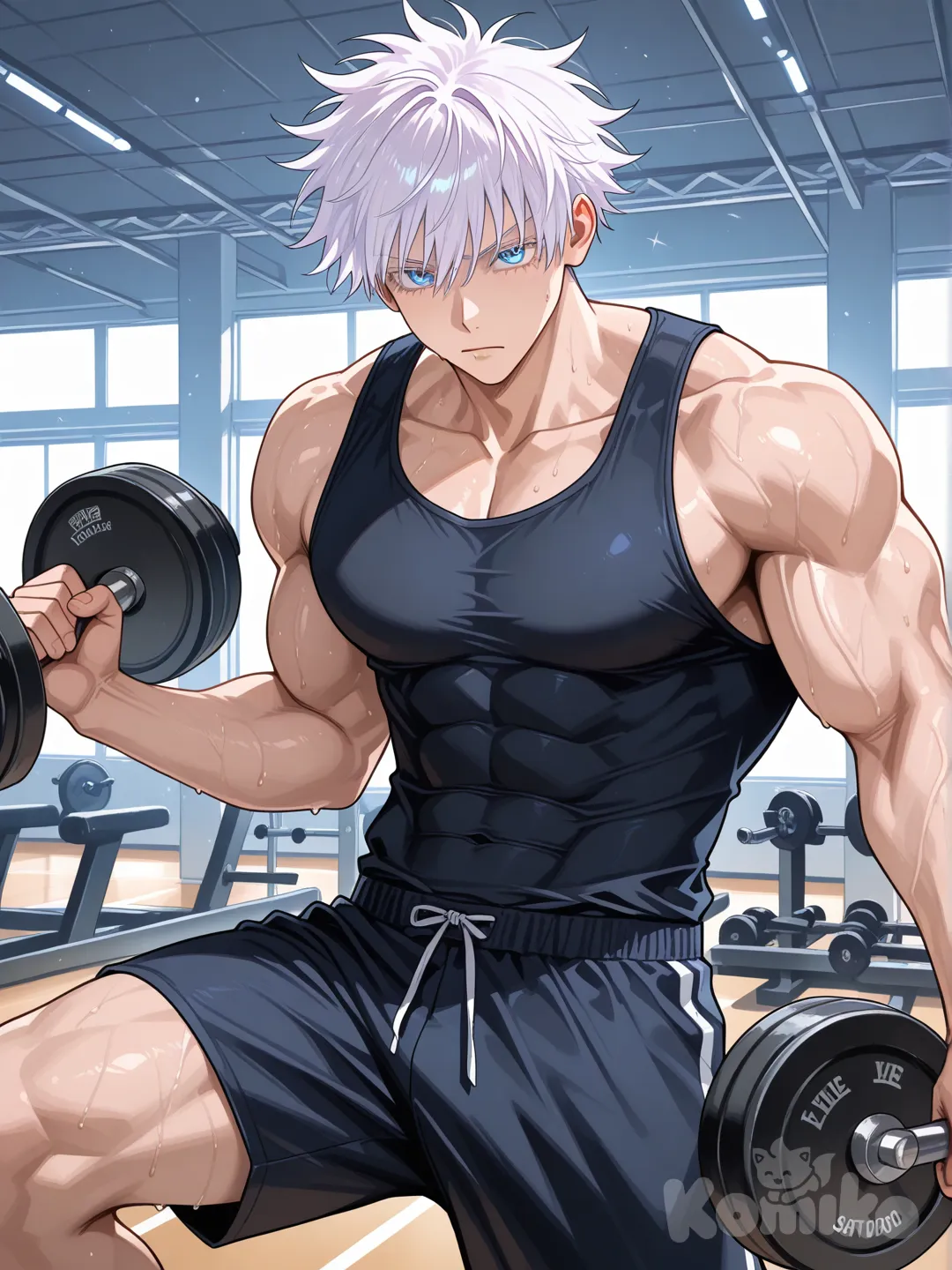 @Gojou_Satoru, 1boy, gym, muscular
