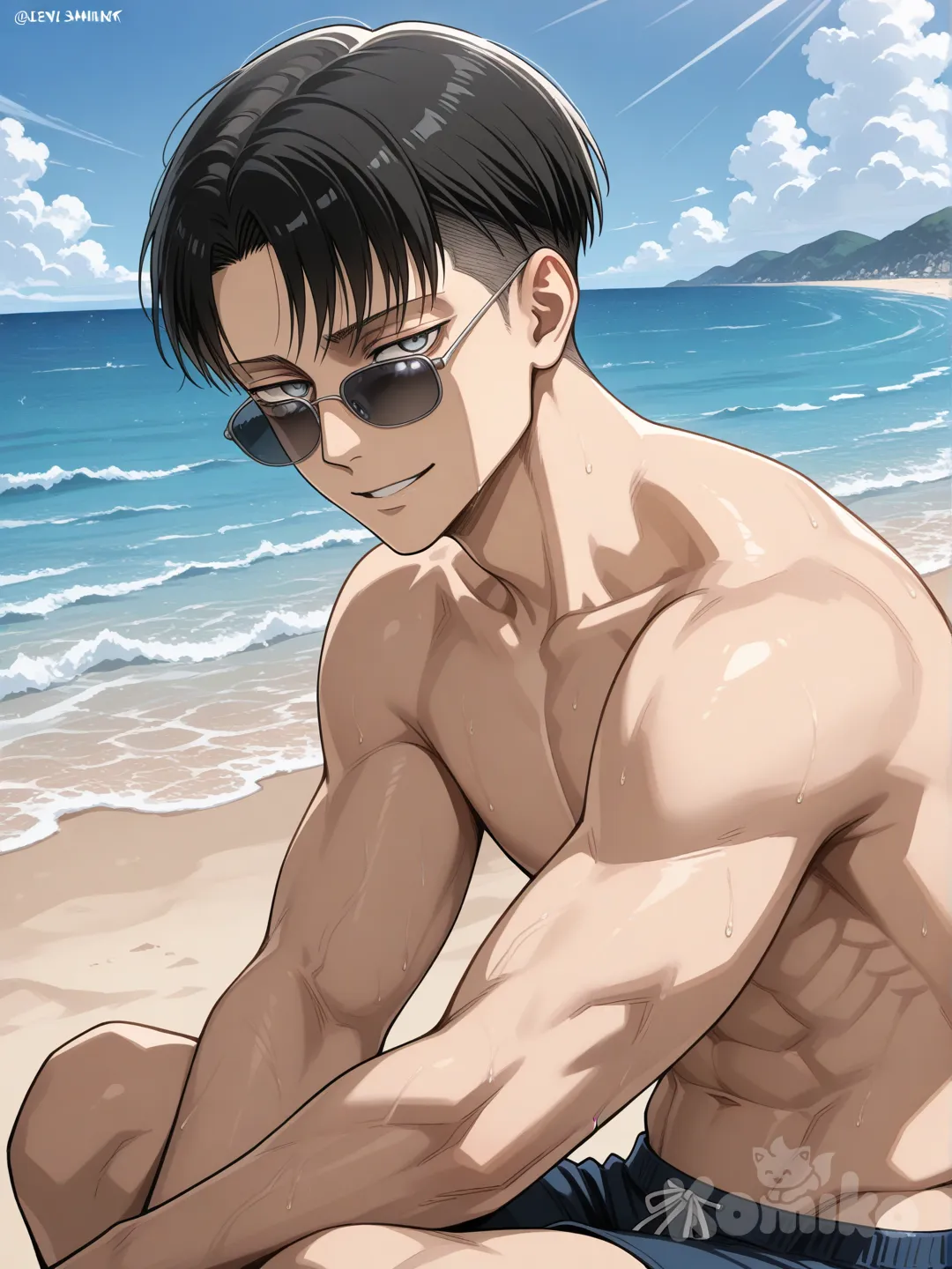 @Levi_(Shingeki_No_Kyojin), 1boy, muscular, male swimsuit, sunglasses, beach, smile, sitting