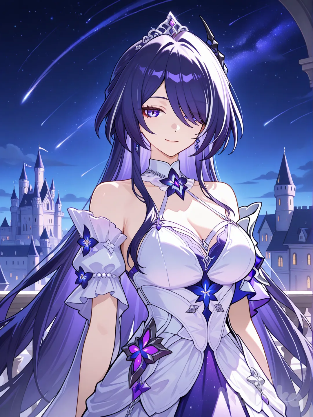 1girl, @Acheron_(Honkai:Star_Rail), princess dress, smile, crown, castle, night, half body